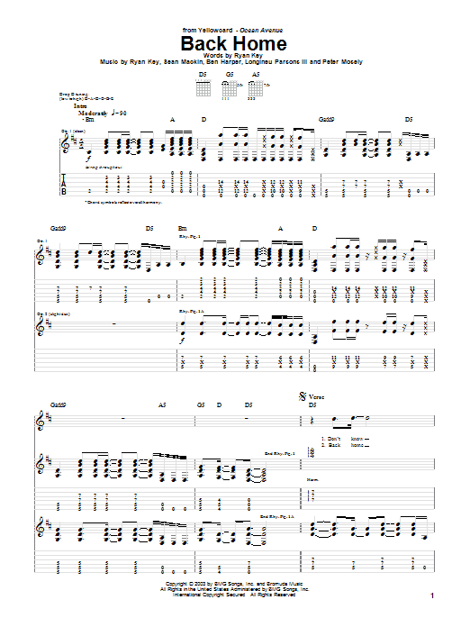 Yellowcard Back Home sheet music notes and chords arranged for Guitar Tab