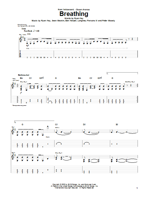 Yellowcard Breathing sheet music notes and chords arranged for Guitar Tab