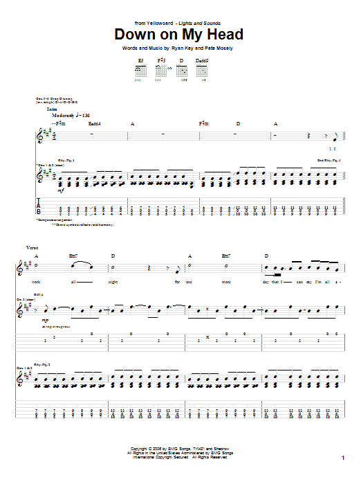 Yellowcard Down On My Head sheet music notes and chords arranged for Guitar Tab