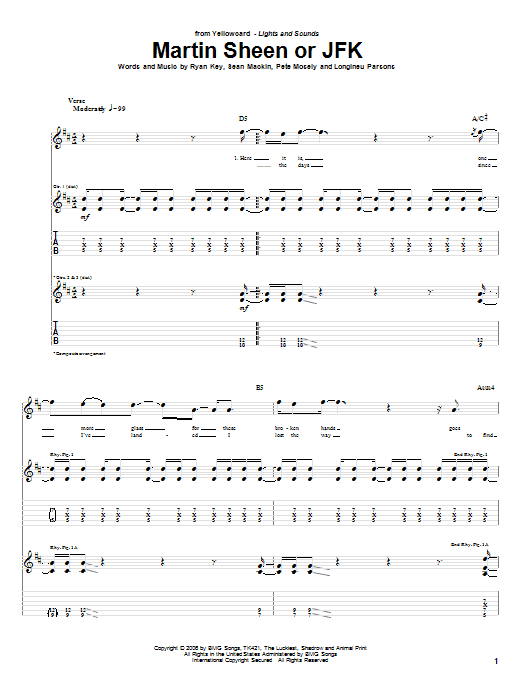 Yellowcard Martin Sheen Or JFK sheet music notes and chords arranged for Guitar Tab