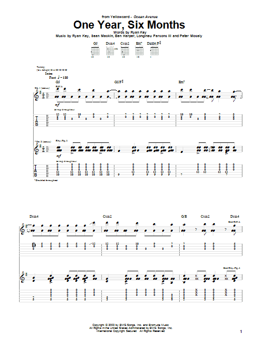 Yellowcard One Year, Six Months sheet music notes and chords arranged for Guitar Tab
