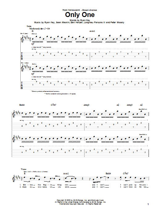 Yellowcard Only One sheet music notes and chords arranged for Guitar Tab