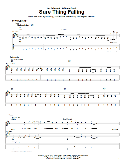 Yellowcard Sure Thing Falling sheet music notes and chords arranged for Guitar Tab
