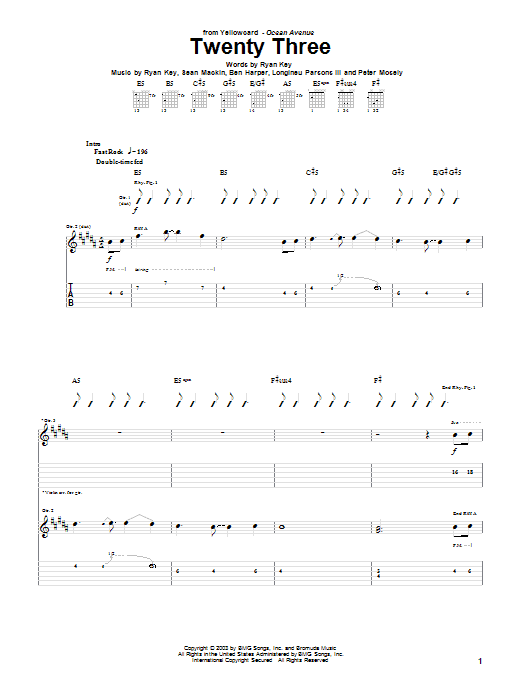 Yellowcard Twenty Three sheet music notes and chords arranged for Guitar Tab