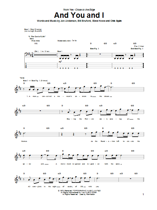 Yes And You And I sheet music notes and chords arranged for Bass Guitar Tab