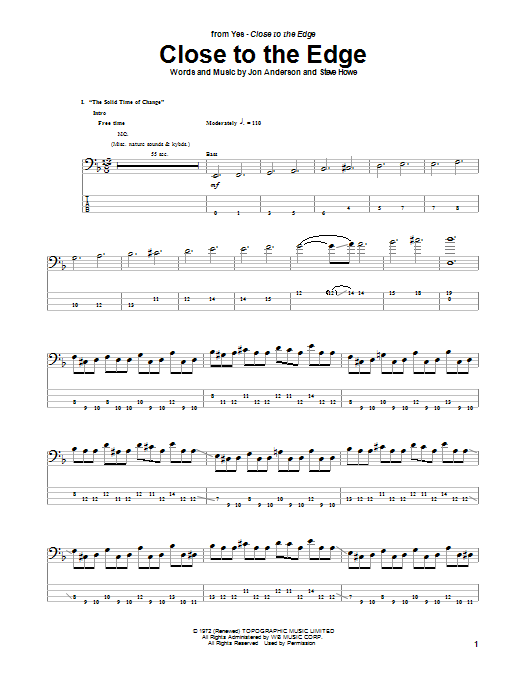 Yes Close To The Edge sheet music notes and chords arranged for Bass Guitar Tab