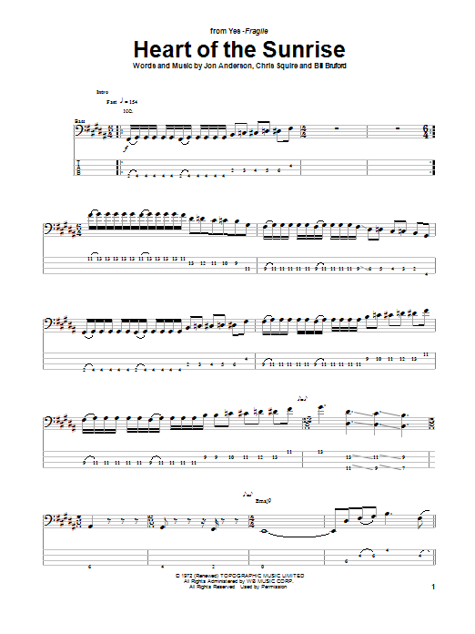 Yes Heart Of The Sunrise sheet music notes and chords arranged for Bass Guitar Tab