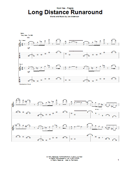 Yes Long Distance Runaround sheet music notes and chords arranged for Guitar Tab