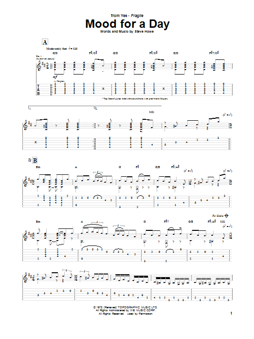 Yes Mood For A Day sheet music notes and chords arranged for Guitar Tab