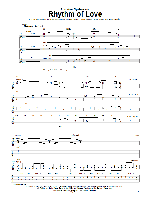 Yes Rhythm Of Love sheet music notes and chords arranged for Guitar Tab
