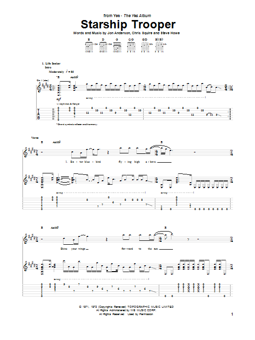 Yes Starship Trooper sheet music notes and chords arranged for Bass Guitar Tab