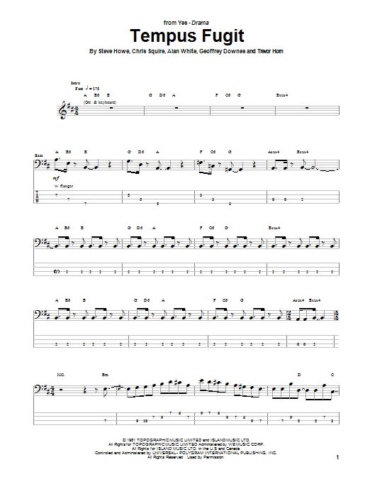 Yes Tempus Fugit sheet music notes and chords arranged for Bass Guitar Tab