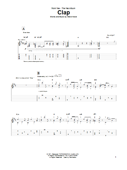 Yes The Clap sheet music notes and chords arranged for Guitar Tab
