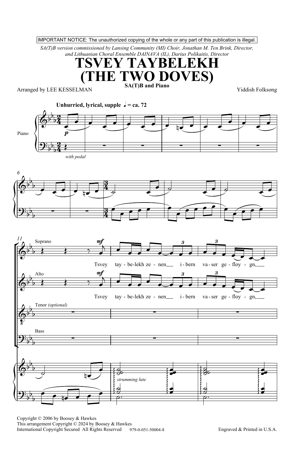 Yiddish Folksong Tsvey Taybelekh (The Two Doves) (arr. Lee R. Kesselman) sheet music notes and chords arranged for SATB Choir