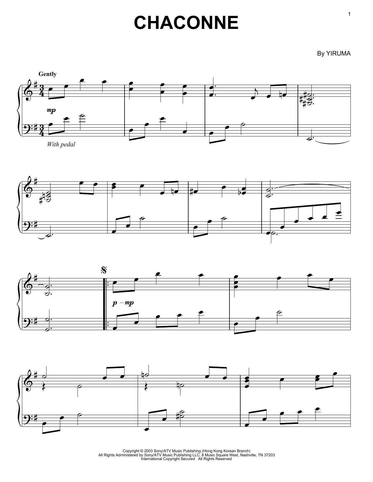 Yiruma Chaconne sheet music notes and chords arranged for Piano Solo