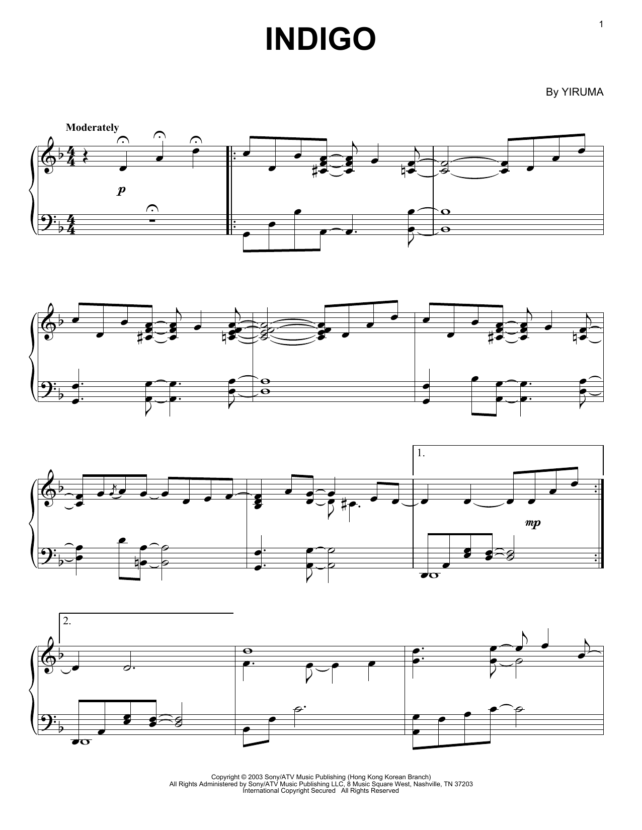 Yiruma Indigo sheet music notes and chords arranged for Easy Piano