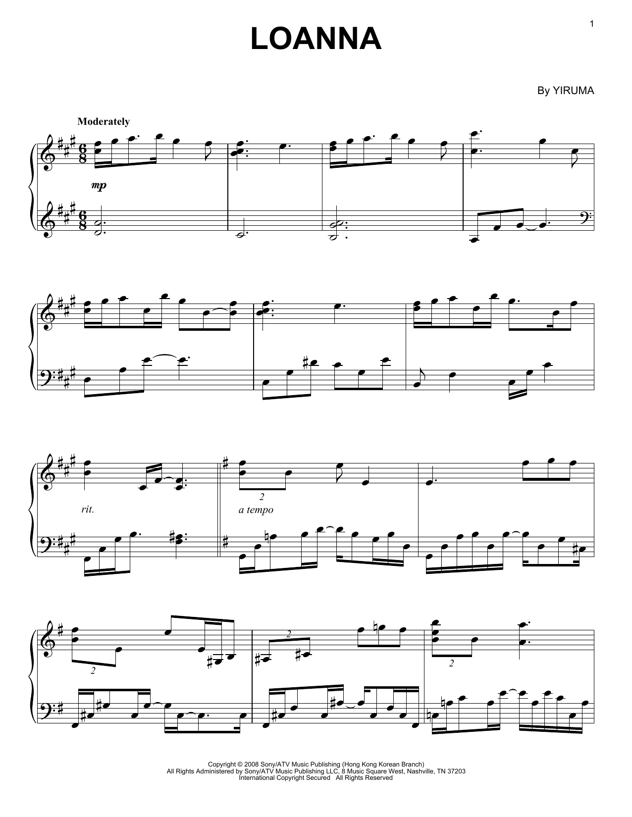 Yiruma Loanna sheet music notes and chords arranged for Easy Piano