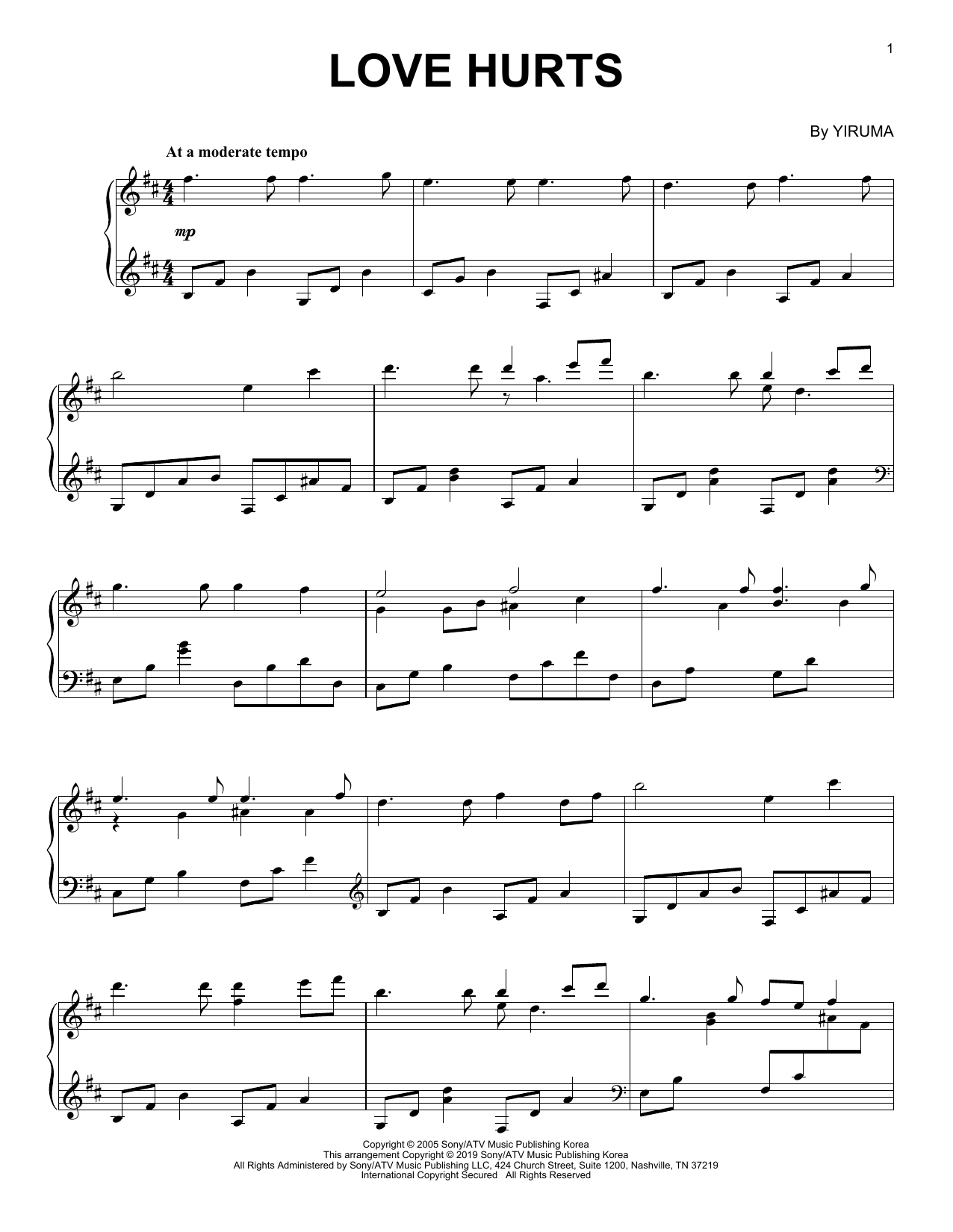 Yiruma Love Hurts sheet music notes and chords arranged for Piano Solo