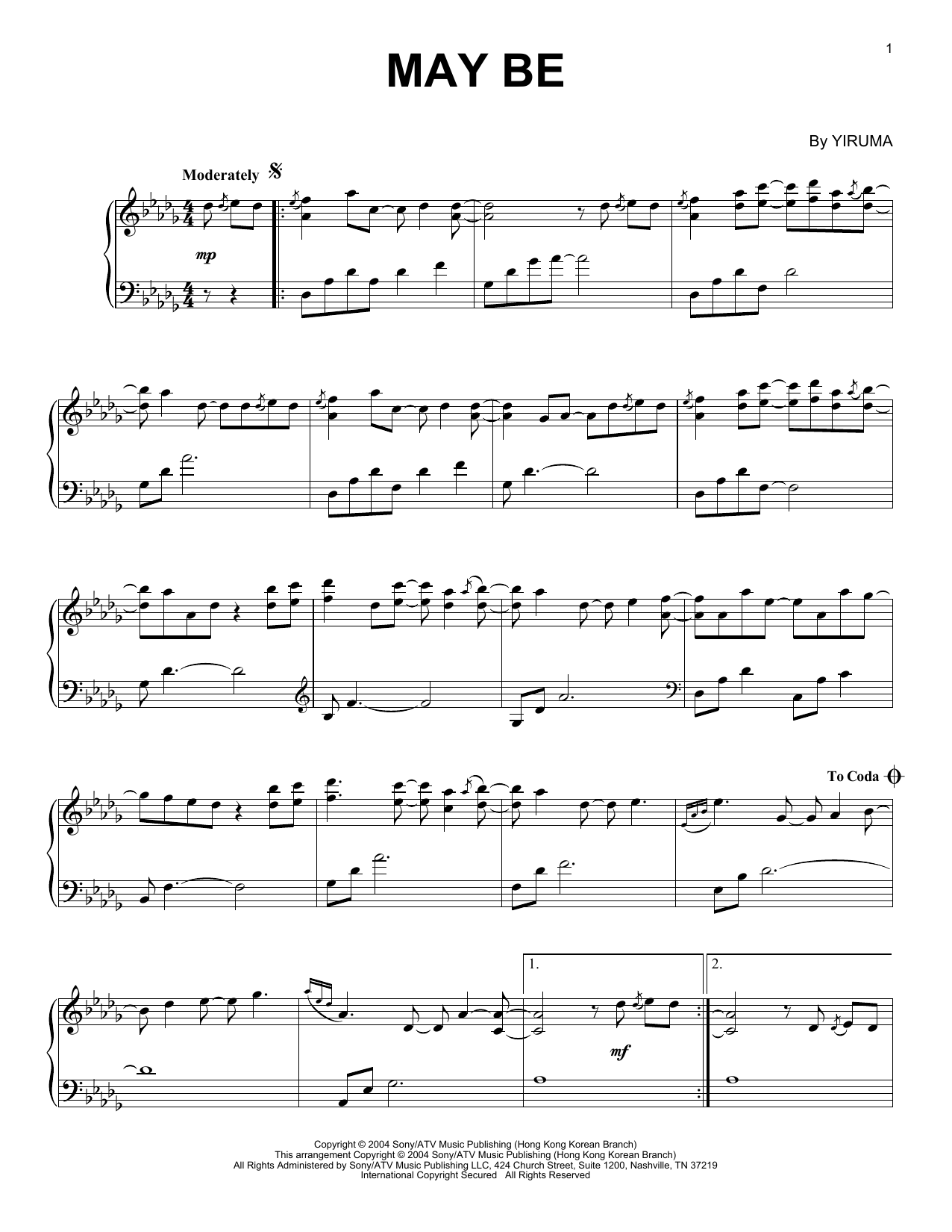 Yiruma May Be sheet music notes and chords arranged for Easy Piano