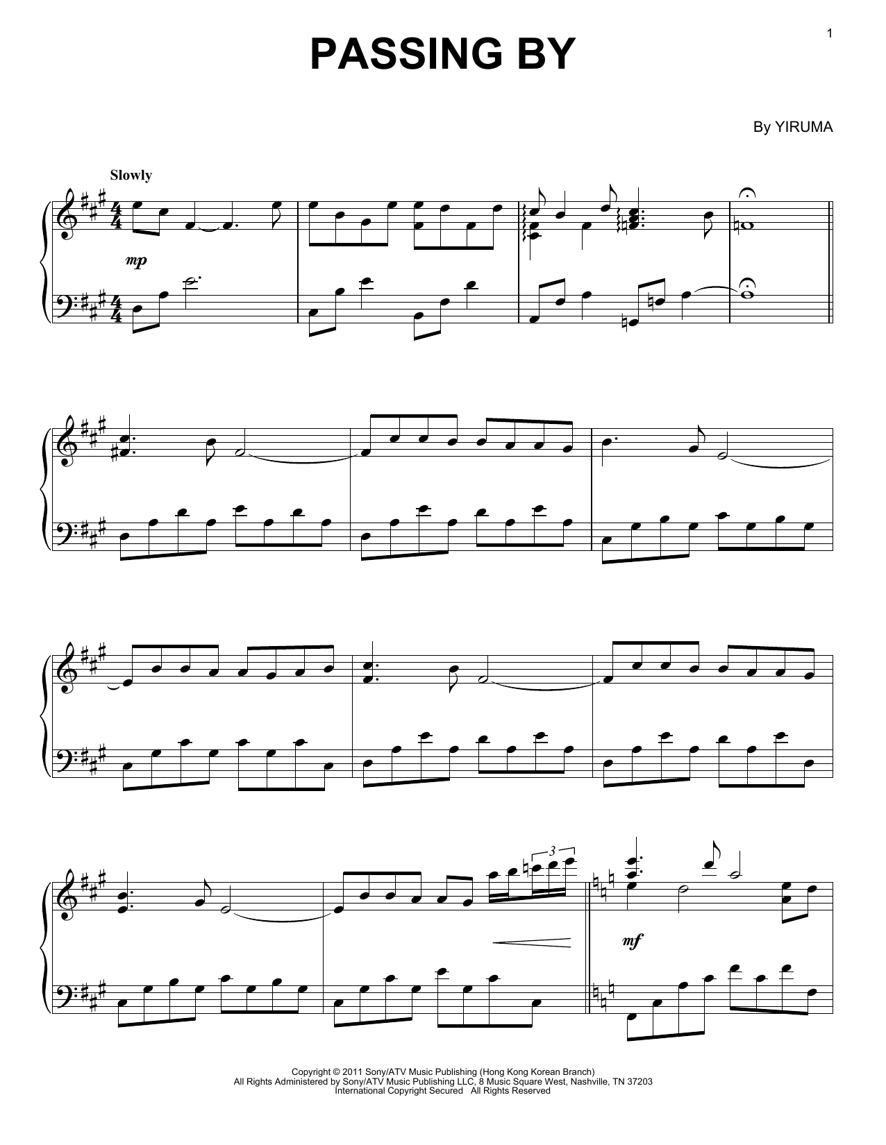 Yiruma Passing By sheet music notes and chords arranged for Easy Piano