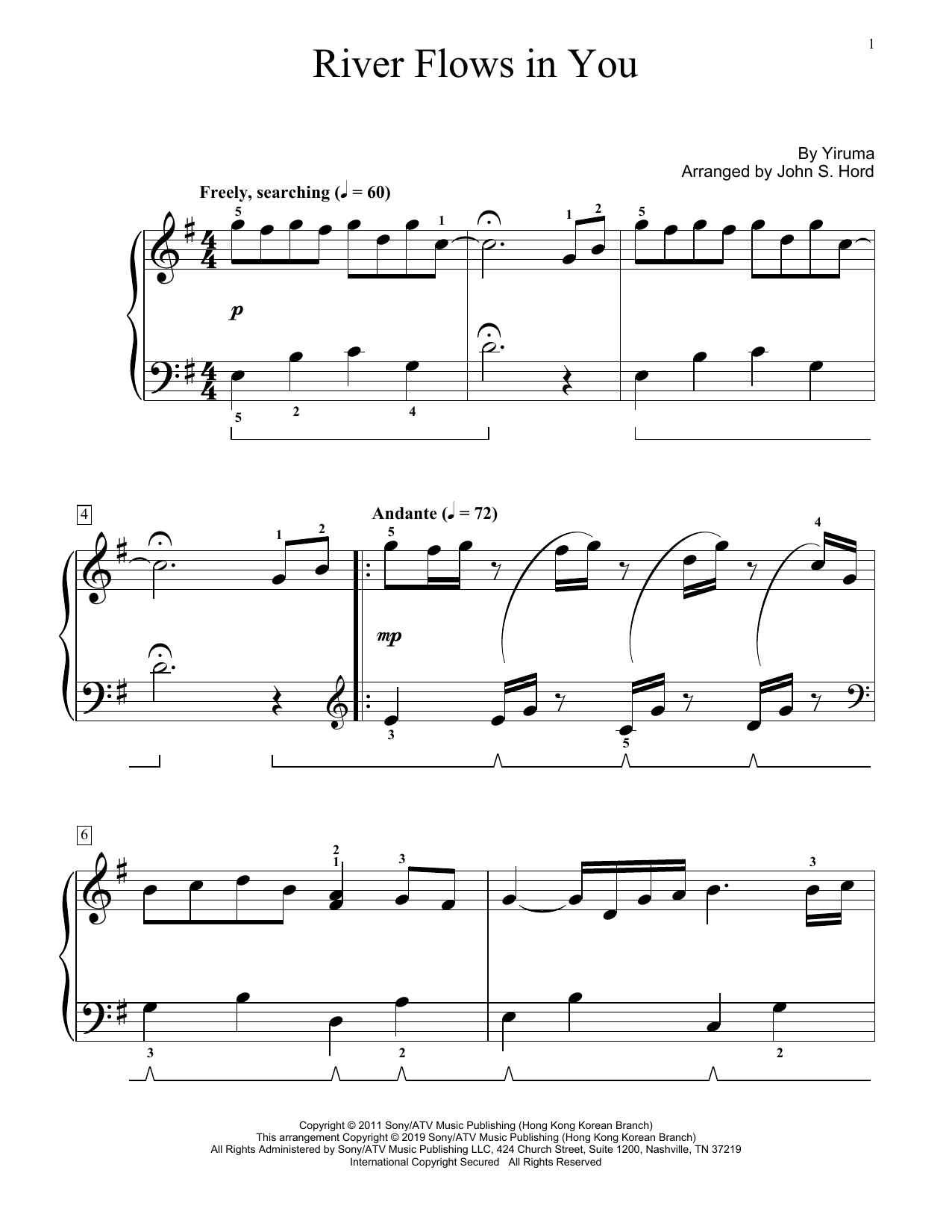 Yiruma River Flows In You (arr. John S. Hord) sheet music notes and chords arranged for Educational Piano