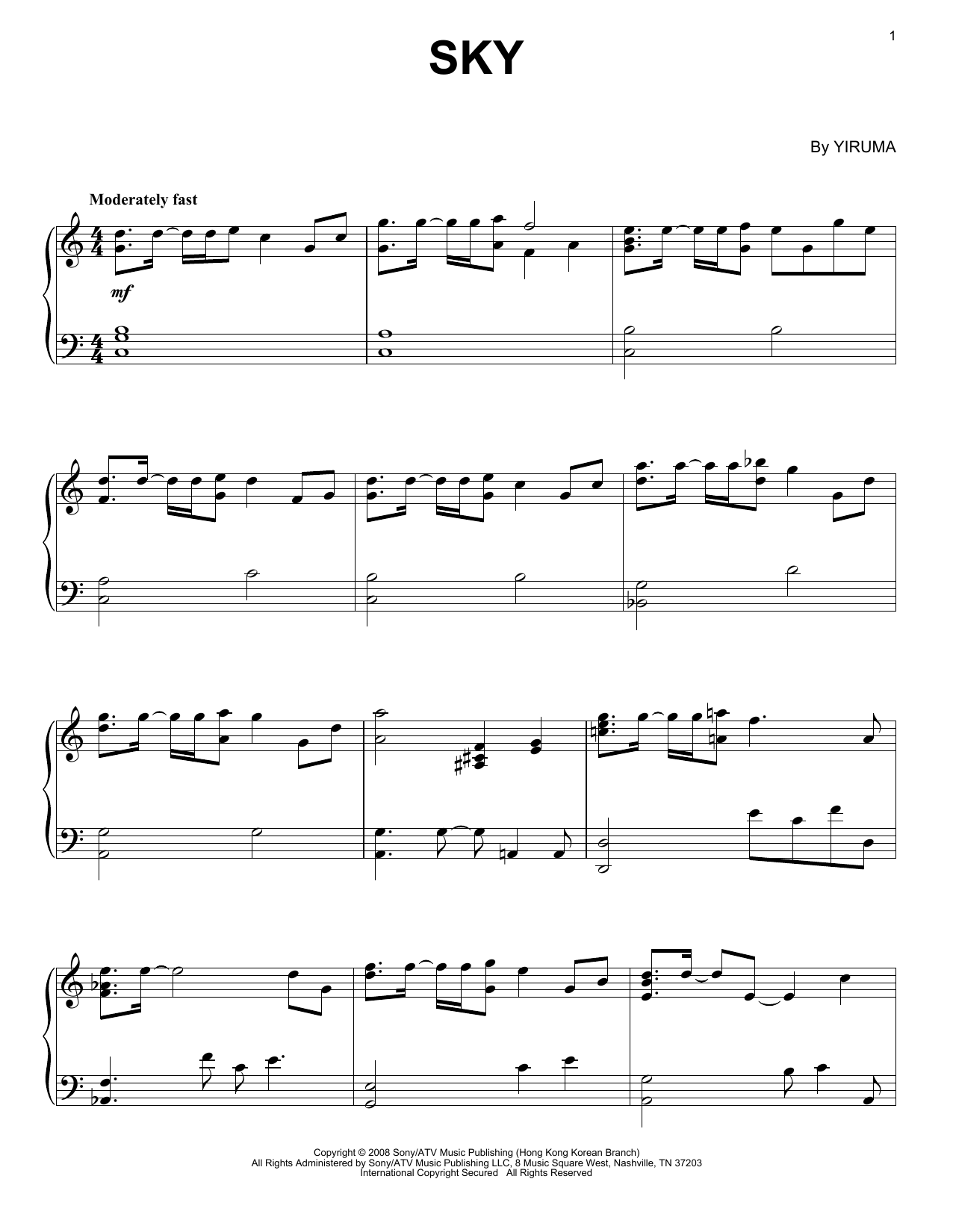 Yiruma Sky sheet music notes and chords arranged for Easy Piano
