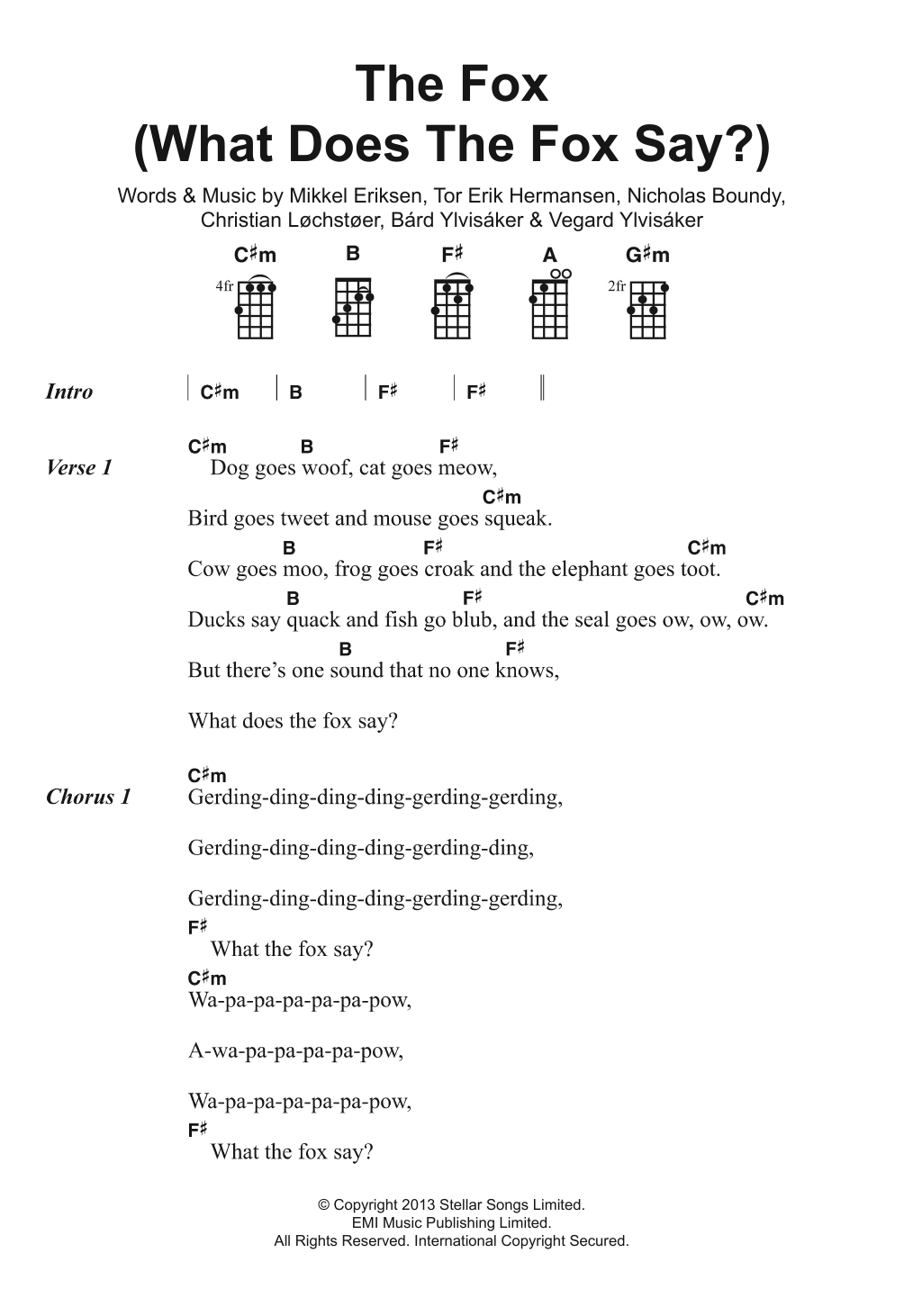 Ylvis The Fox (What Does The Fox Say?) sheet music notes and chords arranged for Ukulele Chords/Lyrics