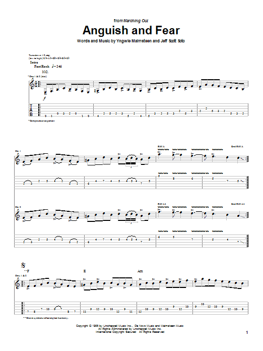 Yngwie Malmsteen Anguish And Fear sheet music notes and chords arranged for Guitar Tab