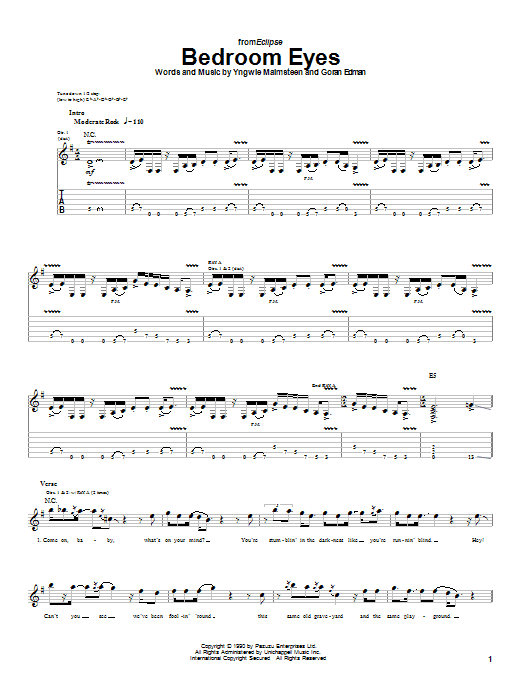 Yngwie Malmsteen Bedroom Eyes sheet music notes and chords arranged for Guitar Tab