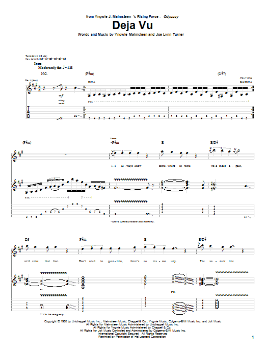 Yngwie Malmsteen Deja Vu sheet music notes and chords arranged for Guitar Tab