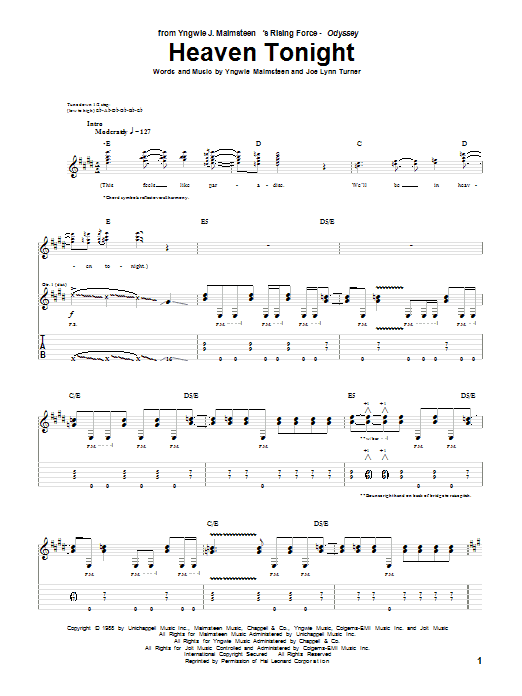Yngwie Malmsteen Heaven Tonight sheet music notes and chords arranged for Guitar Tab