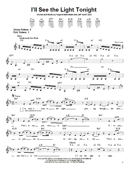 Yngwie Malmsteen I'll See The Light Tonight sheet music notes and chords arranged for Easy Guitar