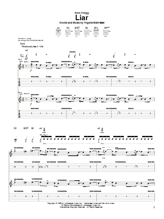 Yngwie Malmsteen Liar sheet music notes and chords arranged for Guitar Tab