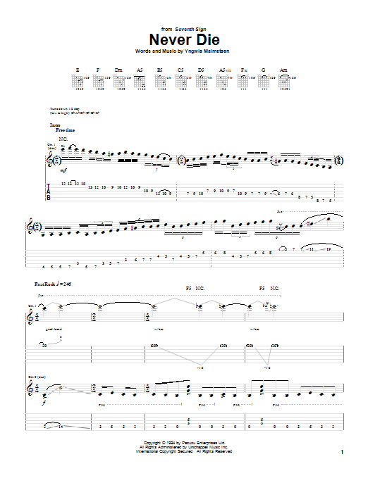 Yngwie Malmsteen Never Die sheet music notes and chords arranged for Guitar Tab