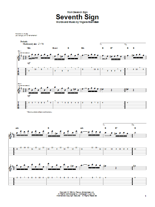 Yngwie Malmsteen Seventh Sign sheet music notes and chords arranged for Guitar Tab
