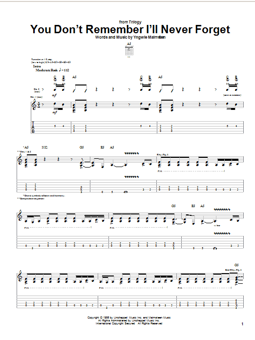Yngwie Malmsteen You Don't Remember I'll Never Forget sheet music notes and chords arranged for Guitar Tab