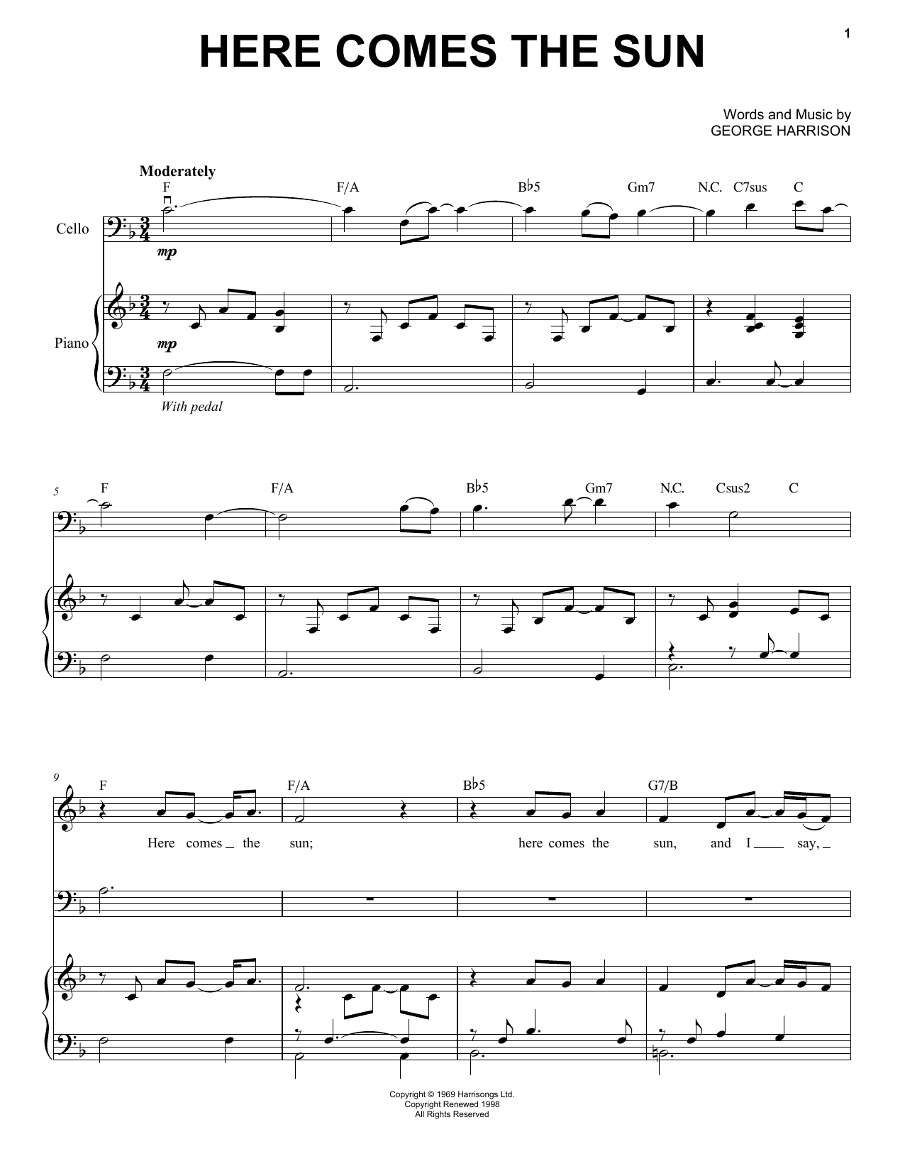 Yo-Yo Ma Here Comes The Sun sheet music notes and chords arranged for Cello and Piano