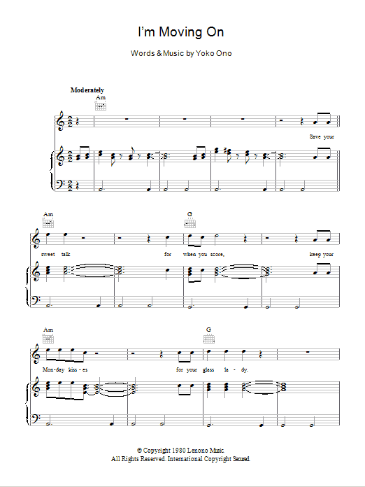 Yoko Ono I'm Moving On sheet music notes and chords arranged for Piano, Vocal & Guitar Chords