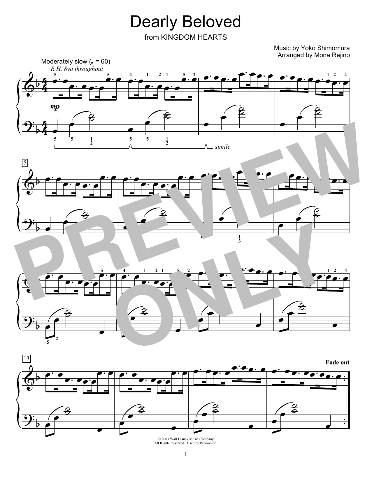 Yoko Shimomura Dearly Beloved (from Kingdom Hearts) (arr. Mona Rejino) sheet music notes and chords arranged for Educational Piano