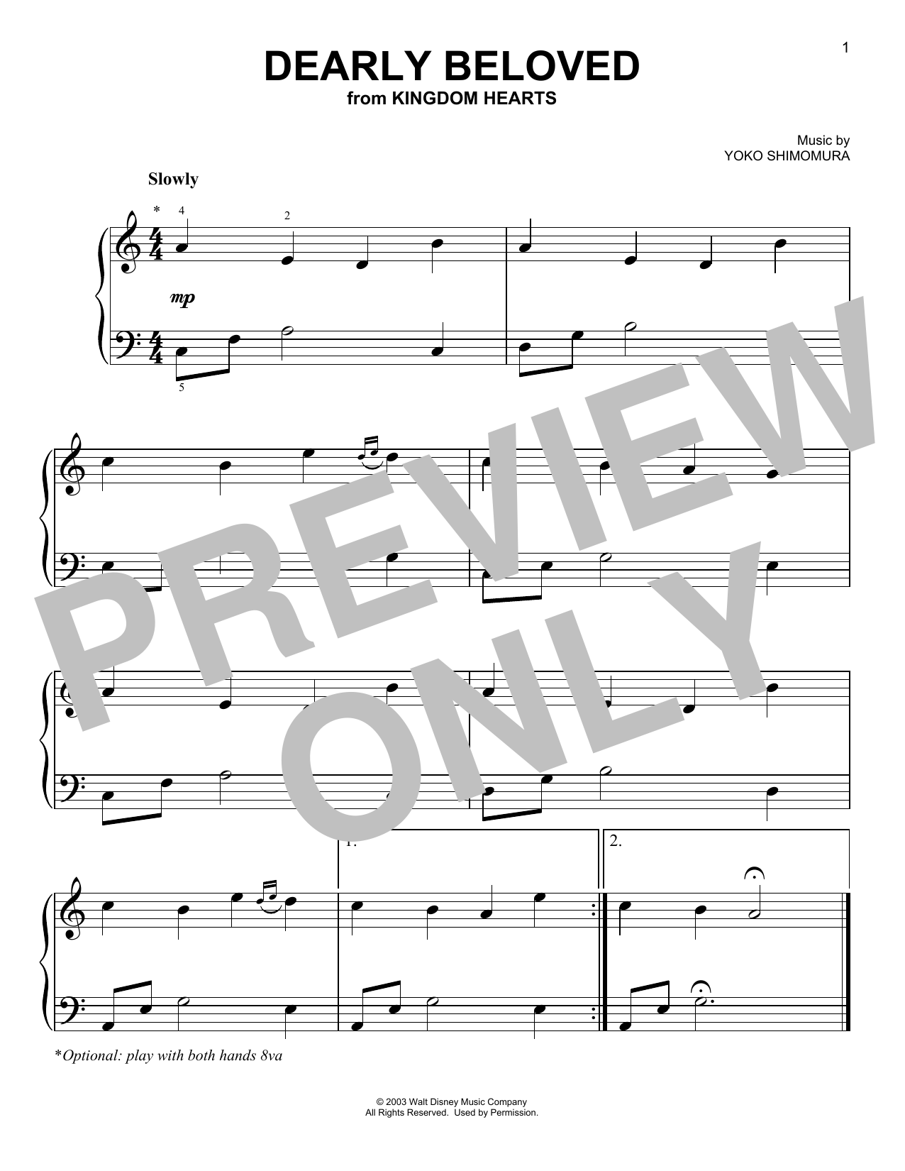 Yoko Shimomura Dearly Beloved (from Kingdom Hearts) sheet music notes and chords arranged for Easy Guitar Tab