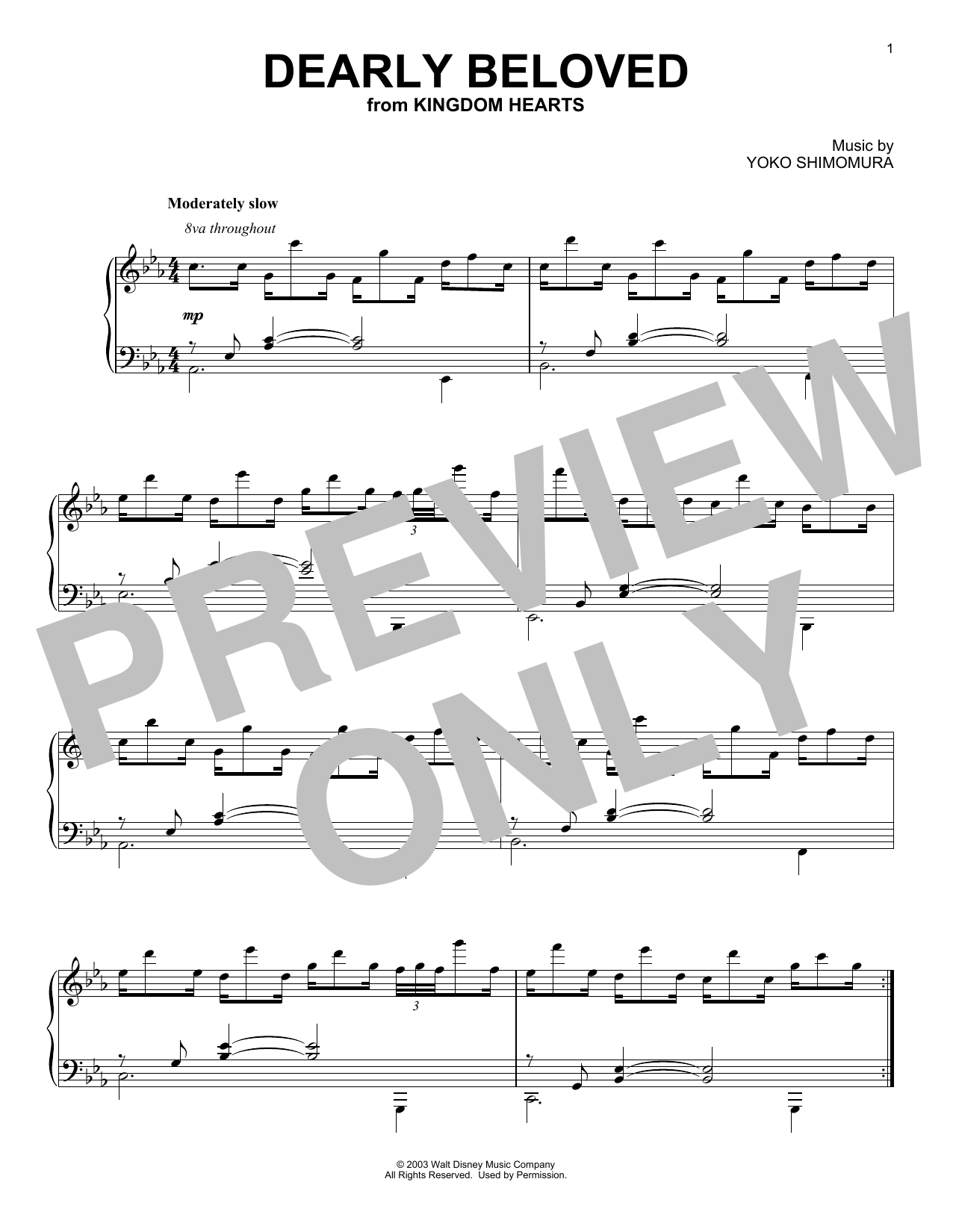 Yoko Shimomura Dearly Beloved sheet music notes and chords arranged for Piano Solo