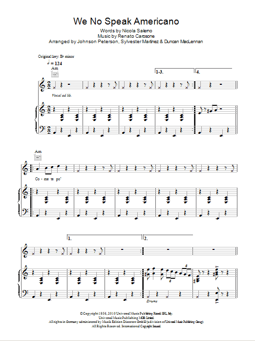 Yolanda Be Cool & DCUP We No Speak Americano sheet music notes and chords arranged for Piano, Vocal & Guitar Chords