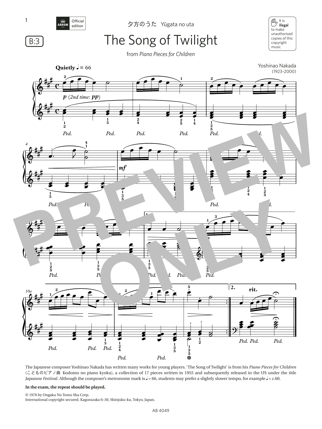 Yoshinao Nakada The Song of Twilight (Grade 3, list B3, from the ABRSM Piano Syllabus 2023 & 2024) sheet music notes and chords arranged for Piano Solo
