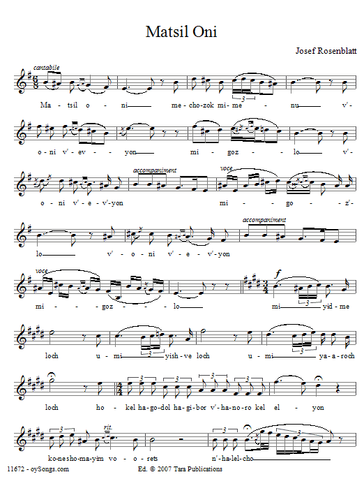 Yossele Rosenblatt Matsil Oni sheet music notes and chords arranged for Lead Sheet / Fake Book