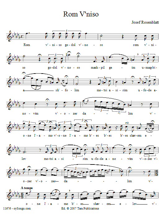 Yossele Rosenblatt Rom V'niso sheet music notes and chords arranged for Lead Sheet / Fake Book