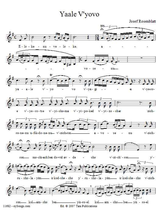 Yossele Rosenblatt Yaale V'yovo sheet music notes and chords arranged for Lead Sheet / Fake Book