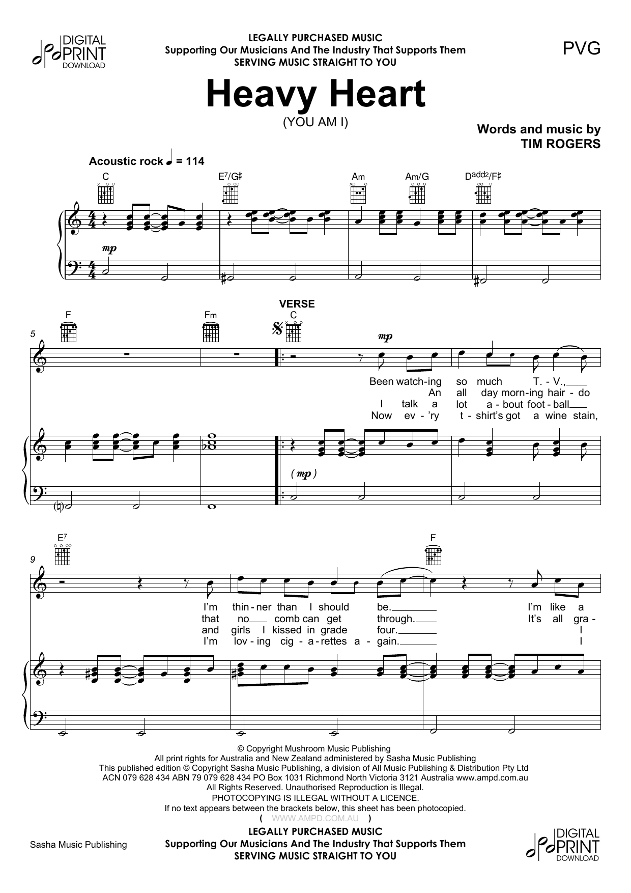You Am I Heavy Heart sheet music notes and chords arranged for Piano, Vocal & Guitar Chords (Right-Hand Melody)