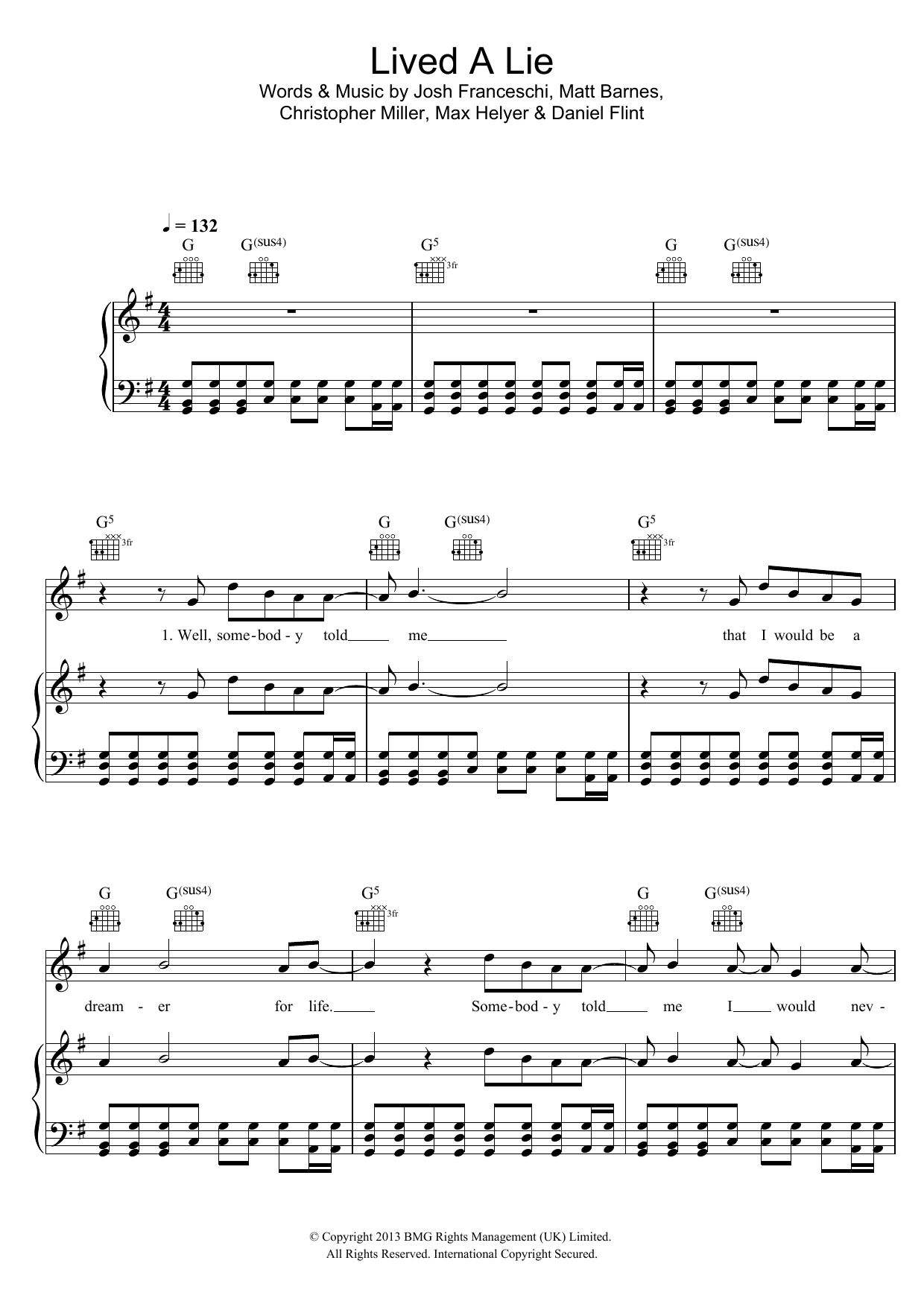 You Me At Six Lived A Lie sheet music notes and chords arranged for Piano, Vocal & Guitar Chords