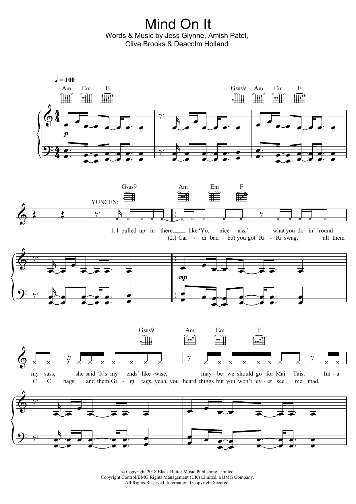 Yungen Mind On It (featuring Jess Glynne) sheet music notes and chords arranged for Piano, Vocal & Guitar Chords
