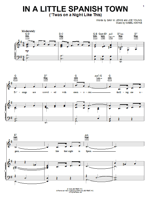 Yusef Lateef In A Little Spanish Town ('Twas On A Night Like This) sheet music notes and chords arranged for Piano, Vocal & Guitar Chords (Right-Hand Melody)